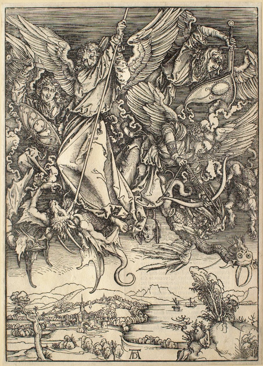 De Apocalyps: Sint-Michiel bestrijdt de draak door Albrecht Dürer