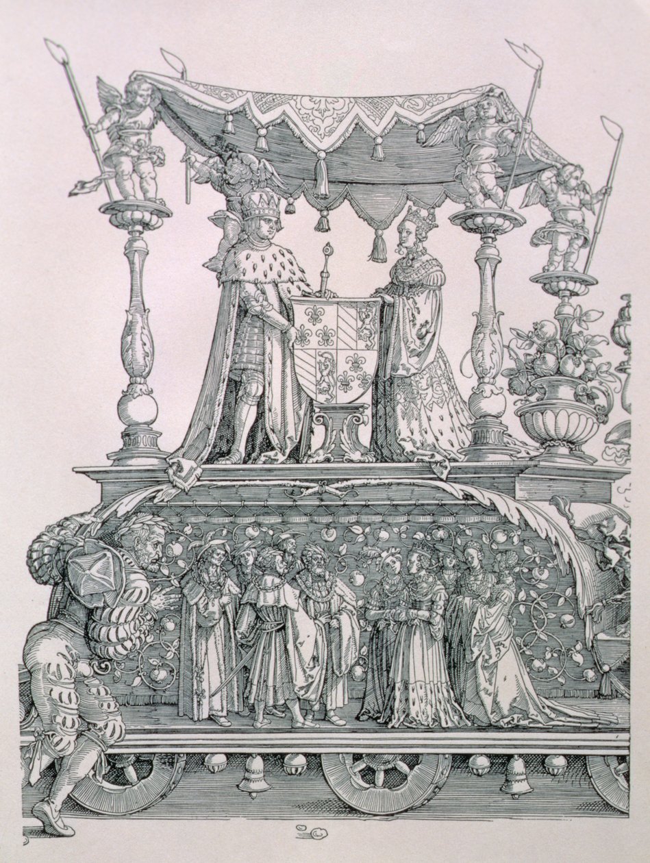 Het Bourgondische Huwelijk of de Triomftocht van Keizer Maximiliaan I van Duitsland (1459-1519) met de huwelijkskoets van Maximiliaan en Maria van Bourgondië (1458-82), uitgegeven 1526 (detail) door Albrecht Dürer