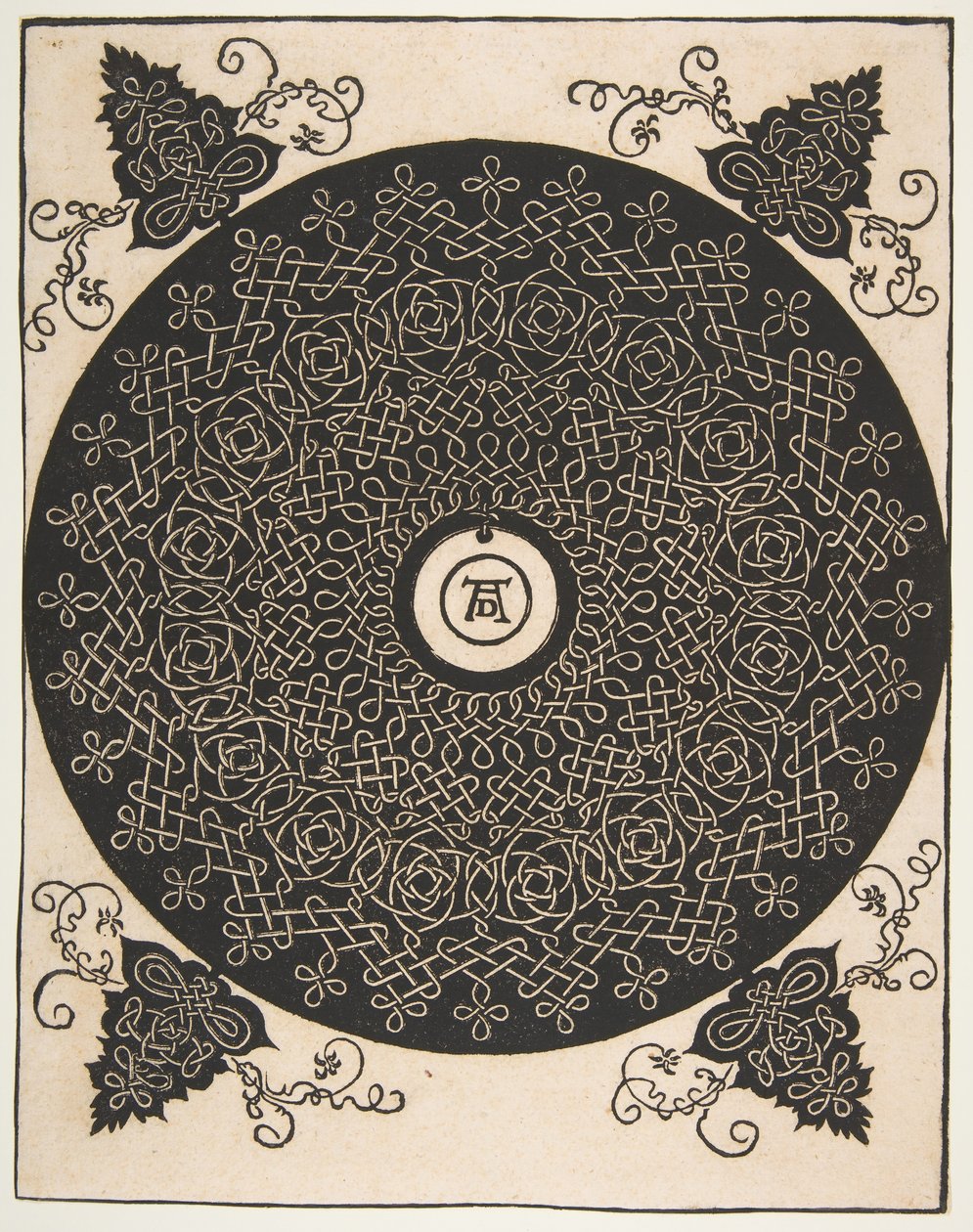 De vierde knoop. Gevlochten rondel met een rond medaillon in het midden, na 1528 door Albrecht Dürer
