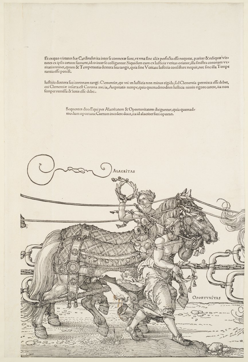 De grote triomfwagen: Alacritas en Oportunitas door Albrecht Dürer