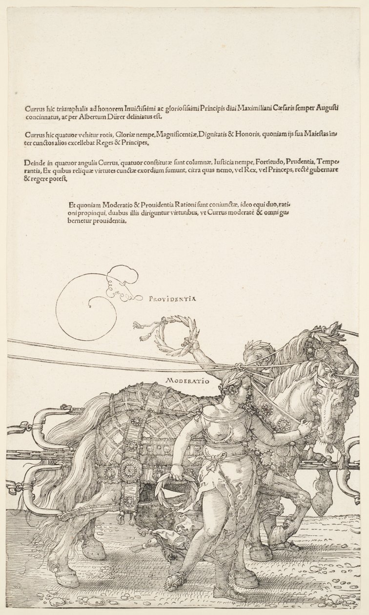De grote triomfwagen: Providentia en Moderatio door Albrecht Dürer