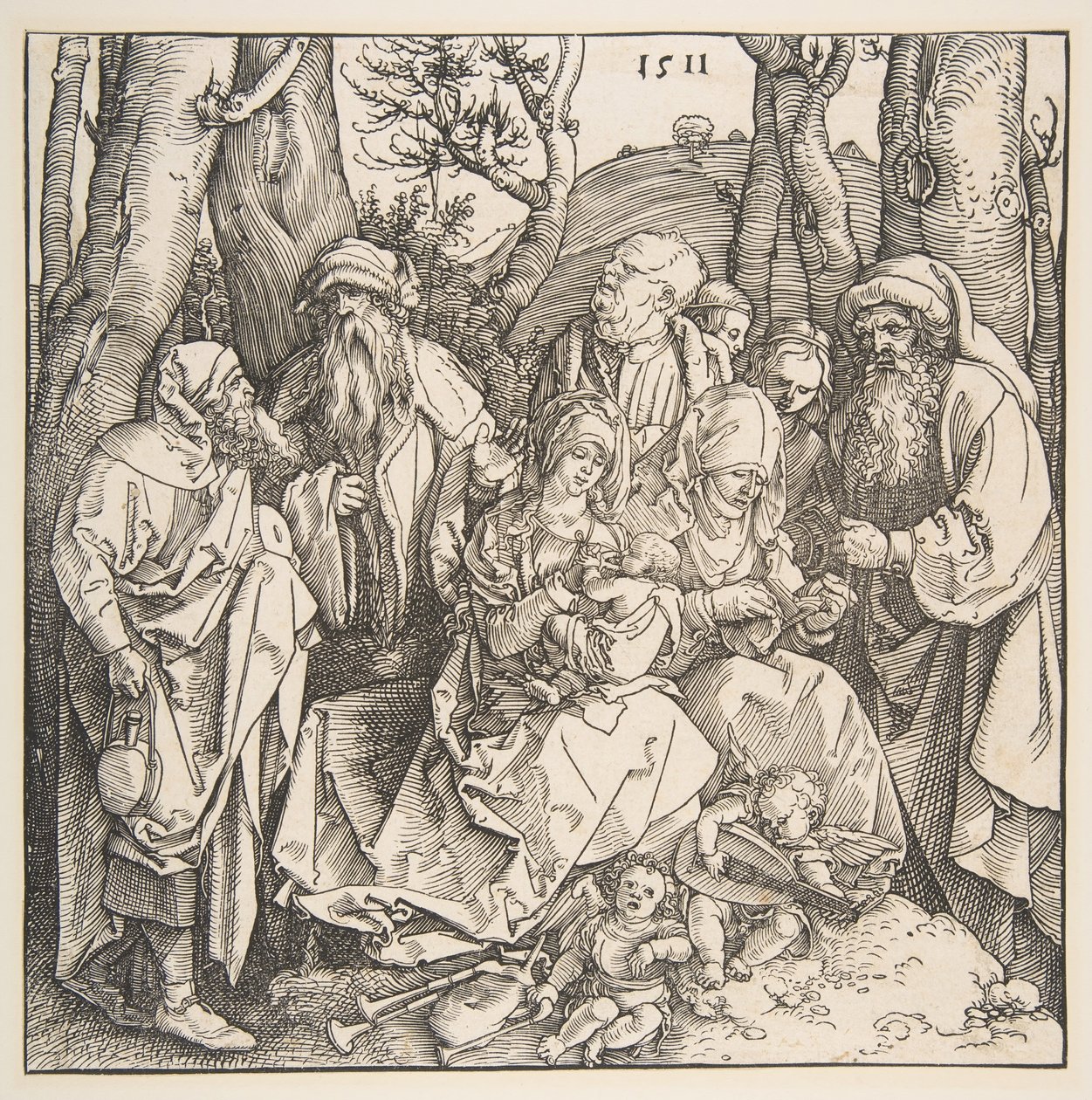 De Heilige Familie met Heiligen en Twee Muzikale Engelen door Albrecht Dürer