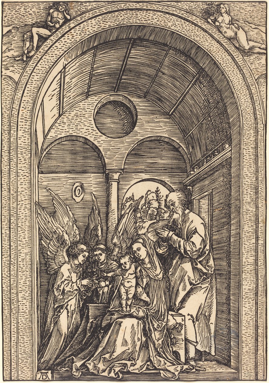 De Heilige Familie met Twee Engelen in een Gewelfde Hal door Albrecht Dürer