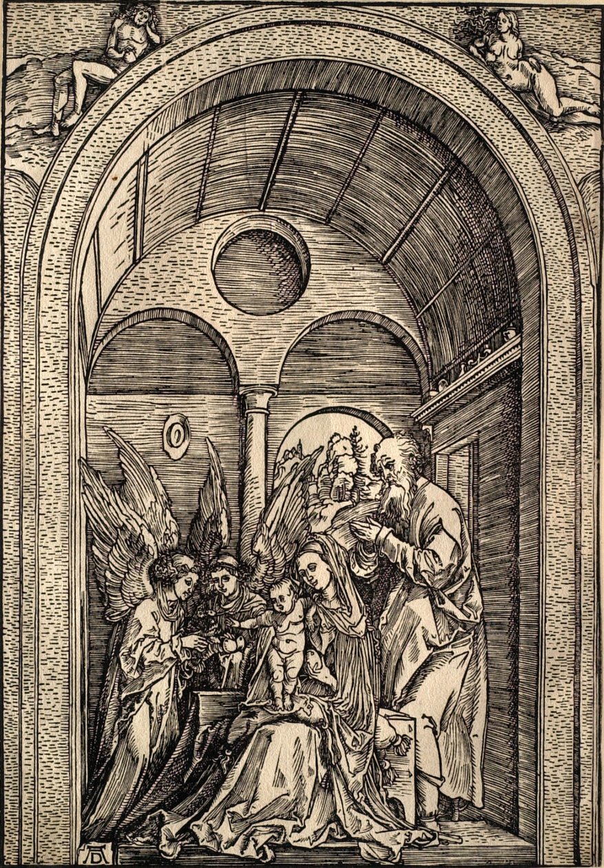 De Heilige Familie met twee engelen in een gewelfde hal door Albrecht Dürer
