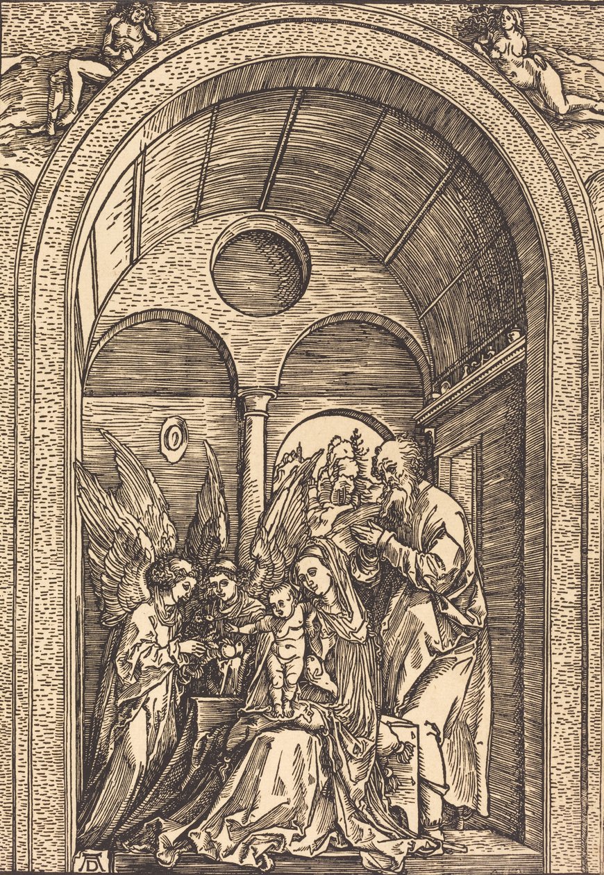 De Heilige Familie met Twee Engelen in een Gewelfde Hal, ca. 1504 door Albrecht Dürer