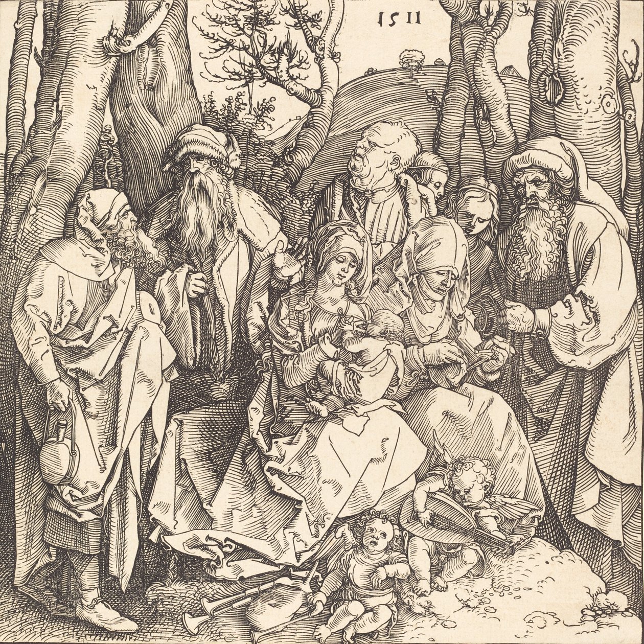 De Heilige Familie met twee muziekmakende engelen door Albrecht Dürer