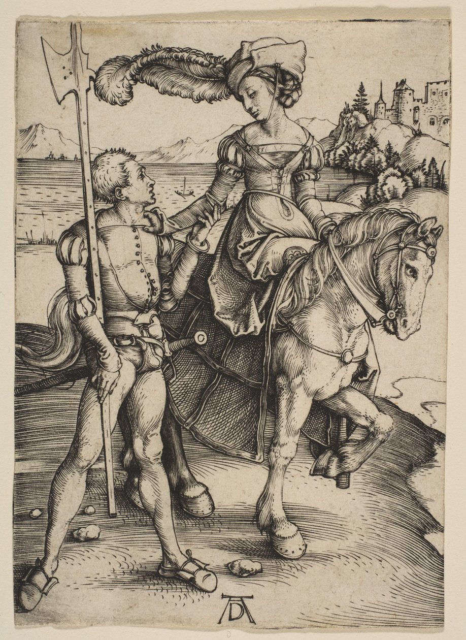 De dame te paard en de lansquenet door Albrecht Dürer