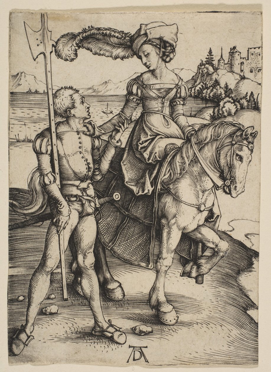 De dame te paard en de lansquenet, ca. 1497 door Albrecht Dürer