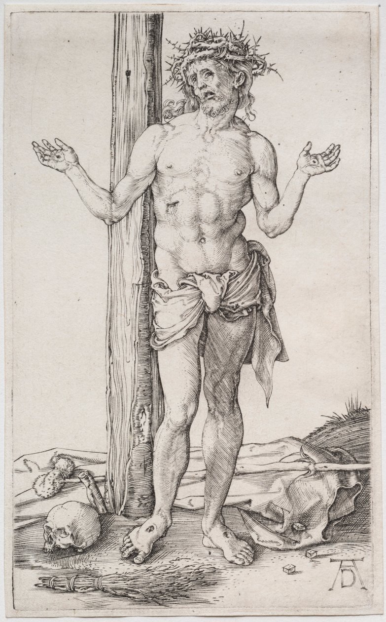 De Man van Smarten Staand, met Opgeheven Handen door Albrecht Dürer