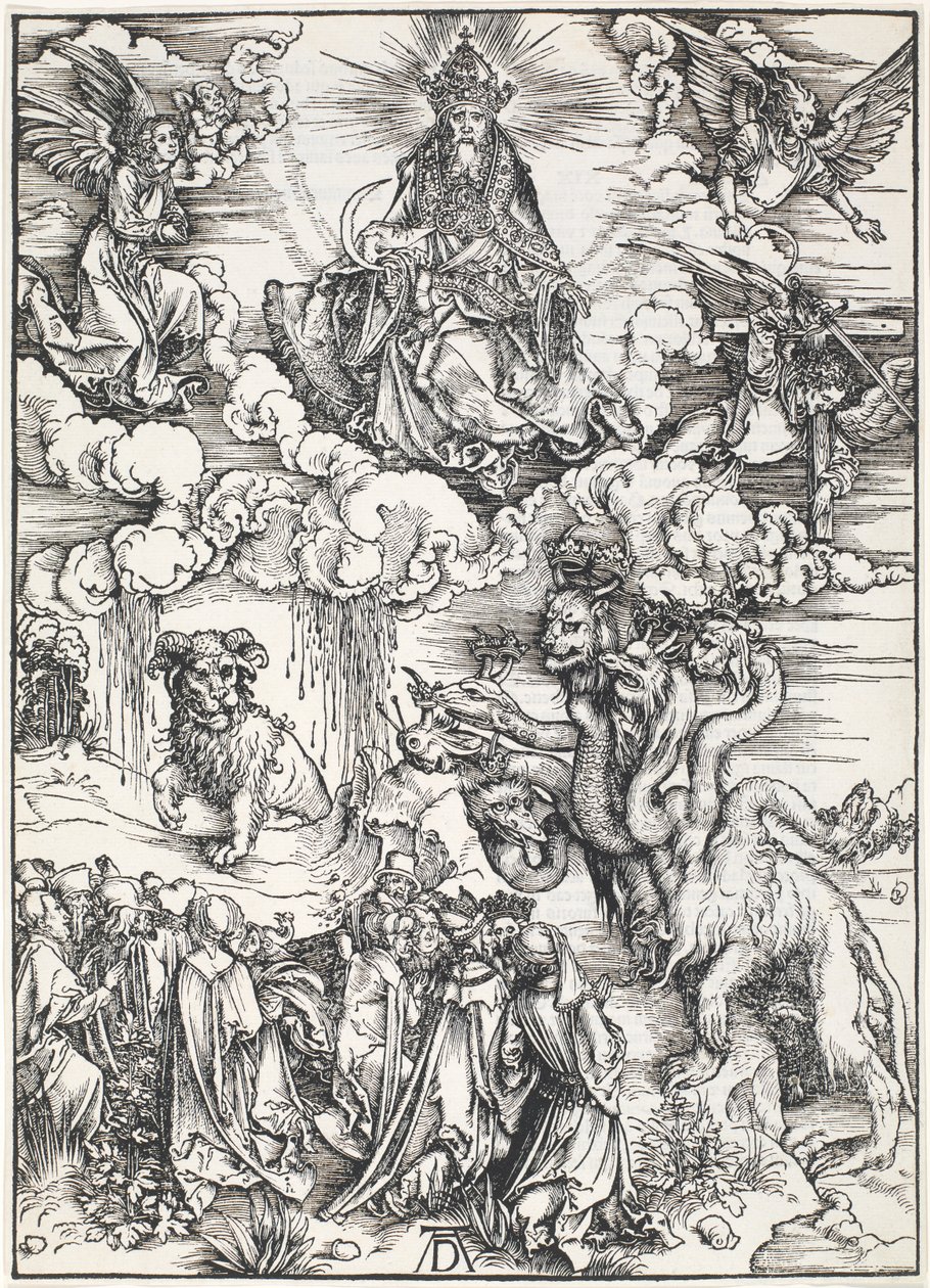 Het Zevenkoppige Beest en het Beest met Lamshorens, uit De Apocalyps van St. Jan door Albrecht Dürer