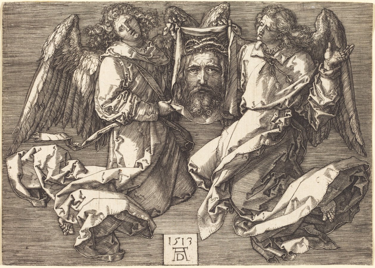 De zweetdoek, vastgehouden door twee engelen door Albrecht Dürer