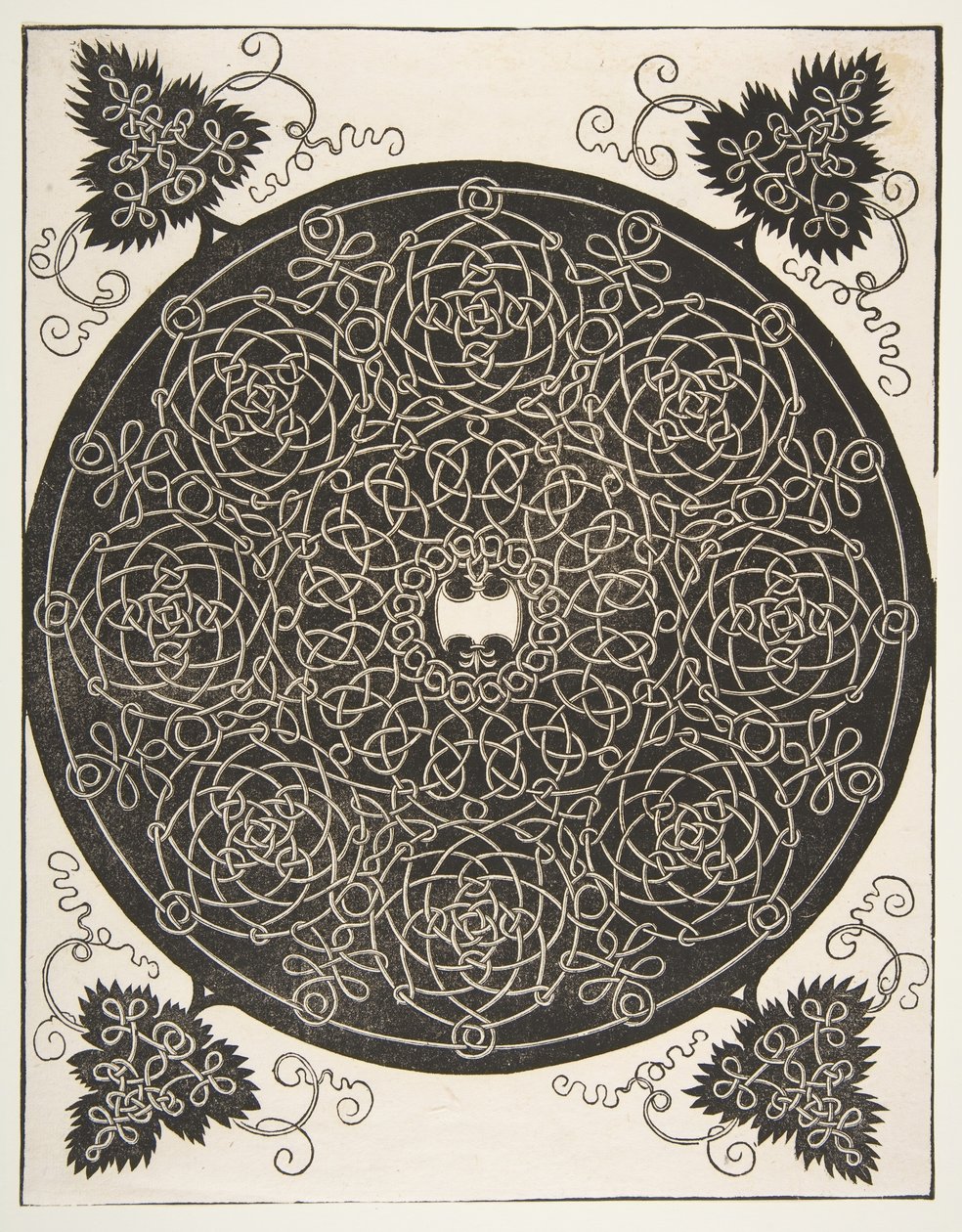 De derde knoop. Gevlochten rondel met acht kransen en een geschulpte schild in het midden door Albrecht Dürer