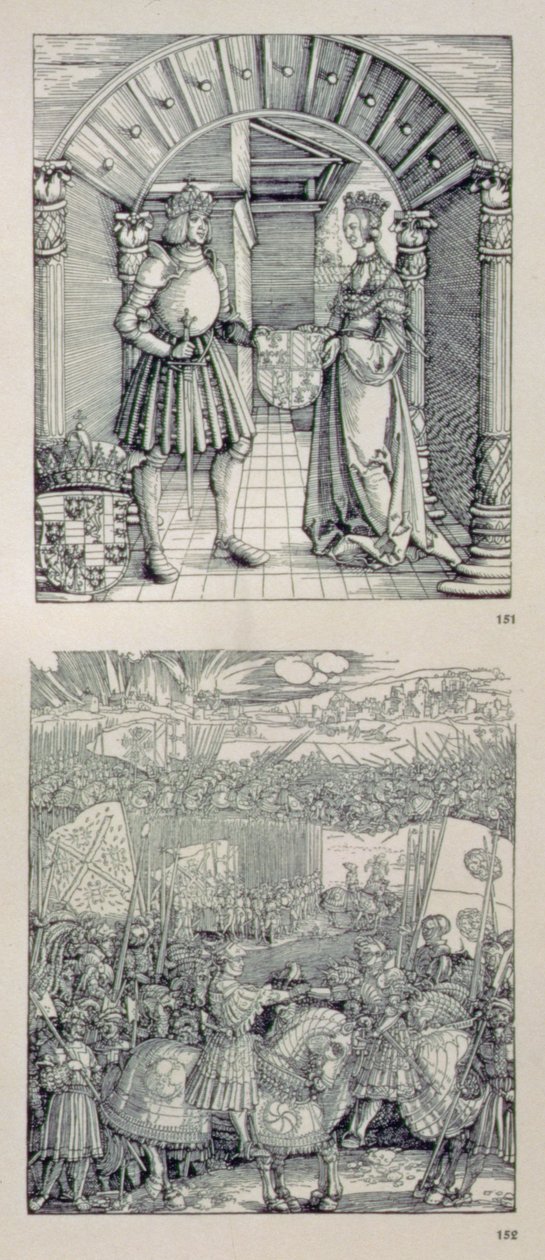 De Triomfboog van Keizer Maximiliaan I van Duitsland (1459-1519): detail met twee panelen boven de linkerpoort die (boven) Maximiliaan I en zijn eerste vrouw Maria van Bourgondië (1457-82) tonen door Albrecht Dürer