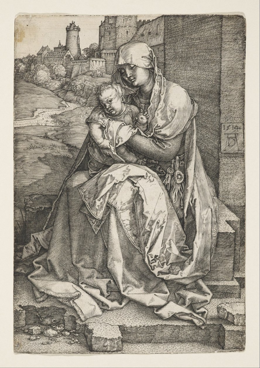 De maagd zittend bij een muur door Albrecht Dürer
