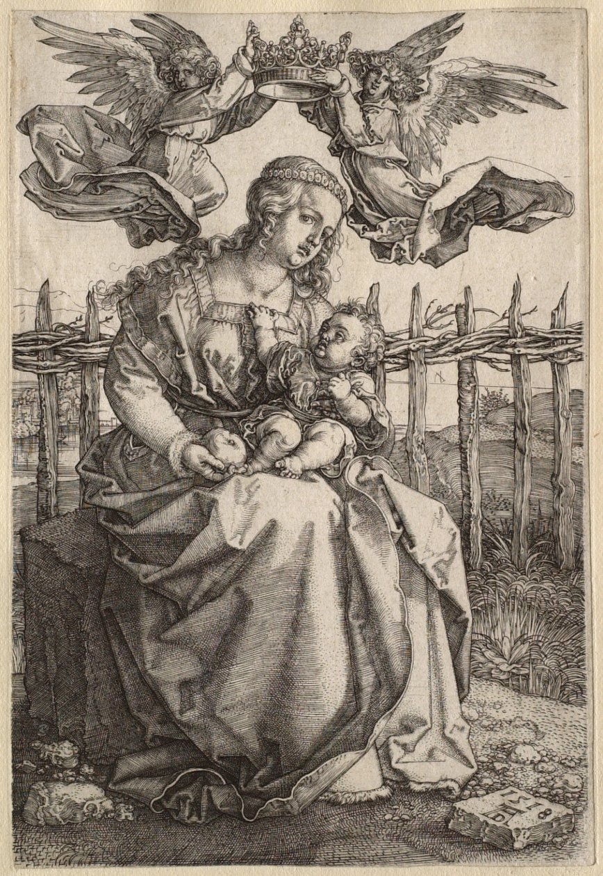 De Maagd met Kind, gekroond door twee engelen door Albrecht Dürer