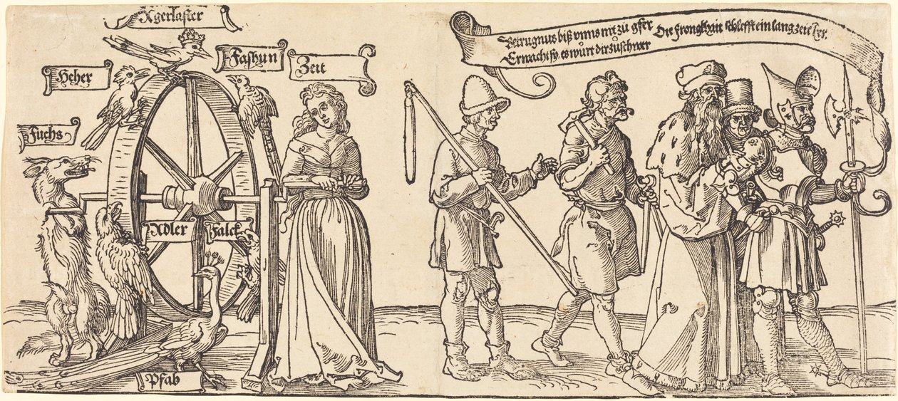 Tijd en een vos die het rad van fortuin draait met mensen van alle rangen aan de rechterkant door Albrecht Dürer