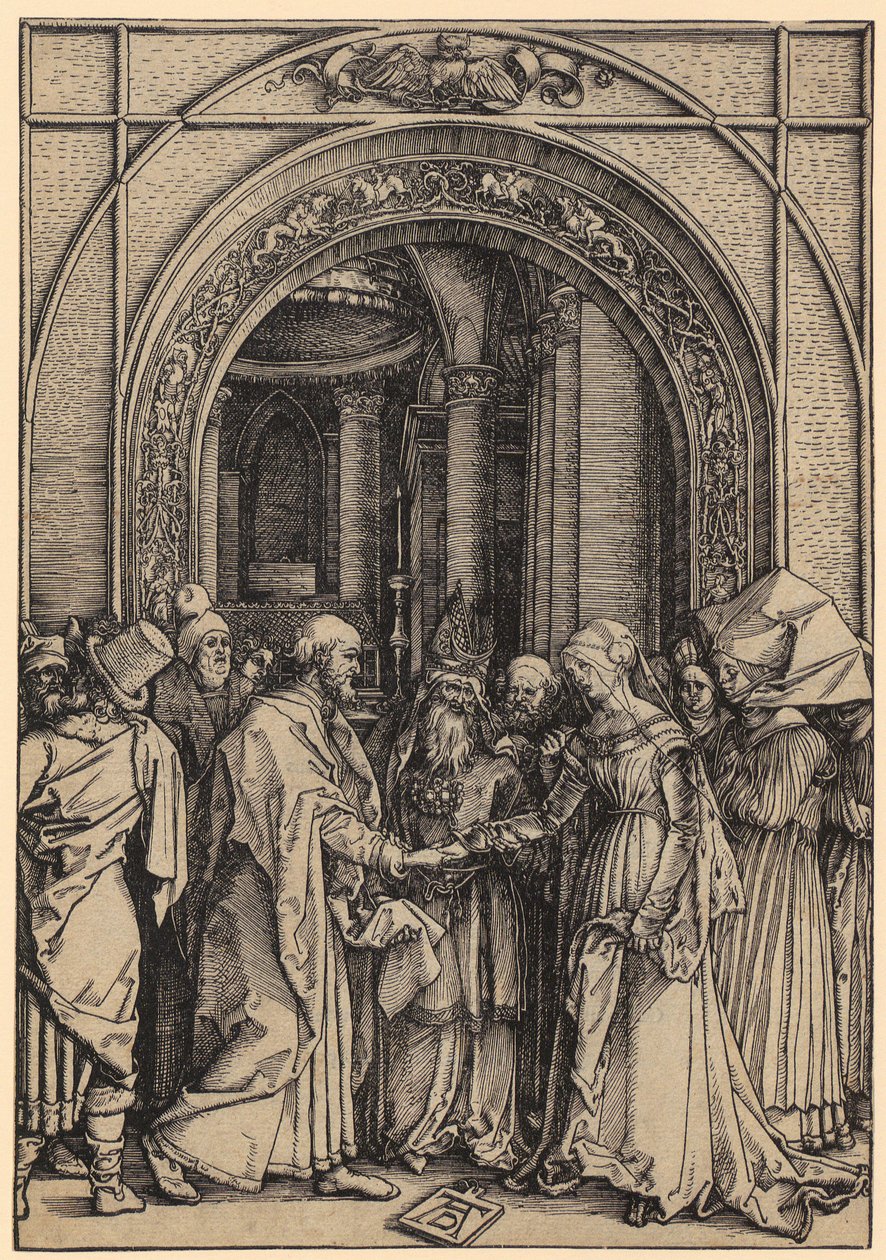 De verloving van Maria, blad 7 van de reeks „Het leven van Maria” door Albrecht Dürer