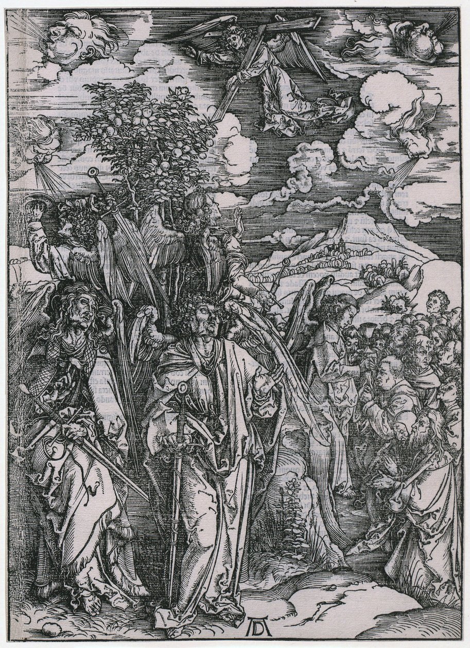 Vier engelen die de winden tegenhouden / De verzegeling van de uitverkorenen, V. figuur, blad 7 uit de serie „De Apocalyps“ door Albrecht Dürer