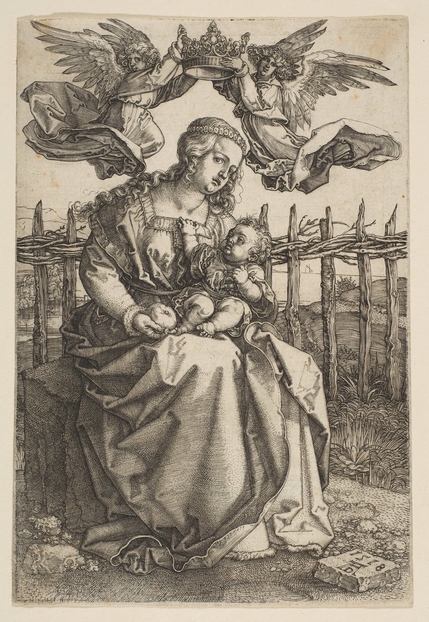 Maagd en Kind gekroond door twee engelen door Albrecht Dürer