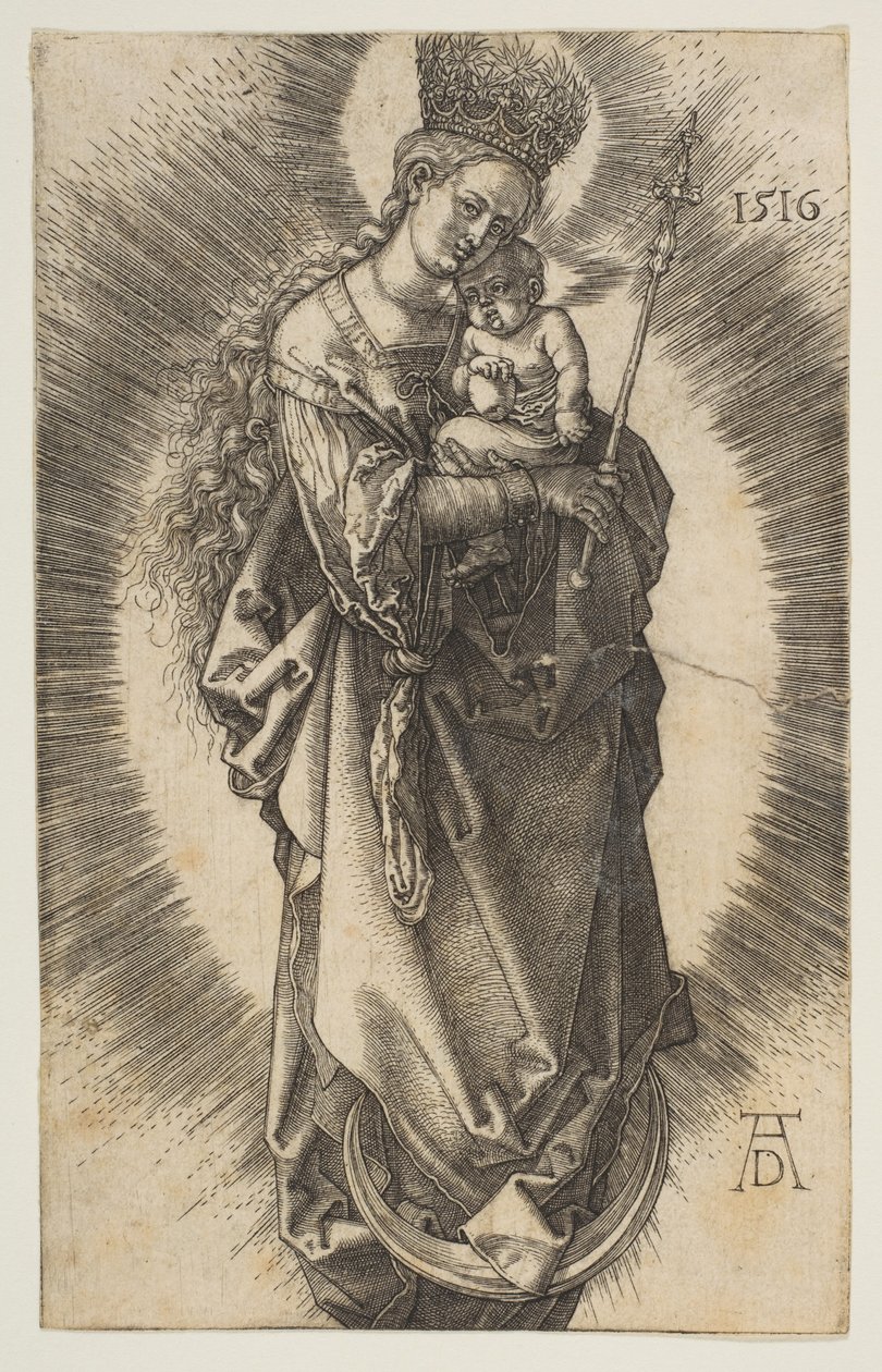 Maria op de maansikkel met scepter en sterrenkroon door Albrecht Dürer