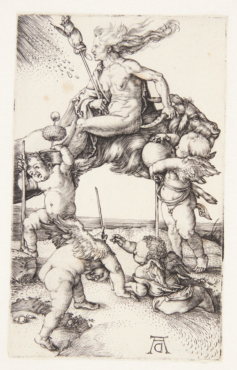 Heks die achteruit rijdt op een geit door Albrecht Dürer