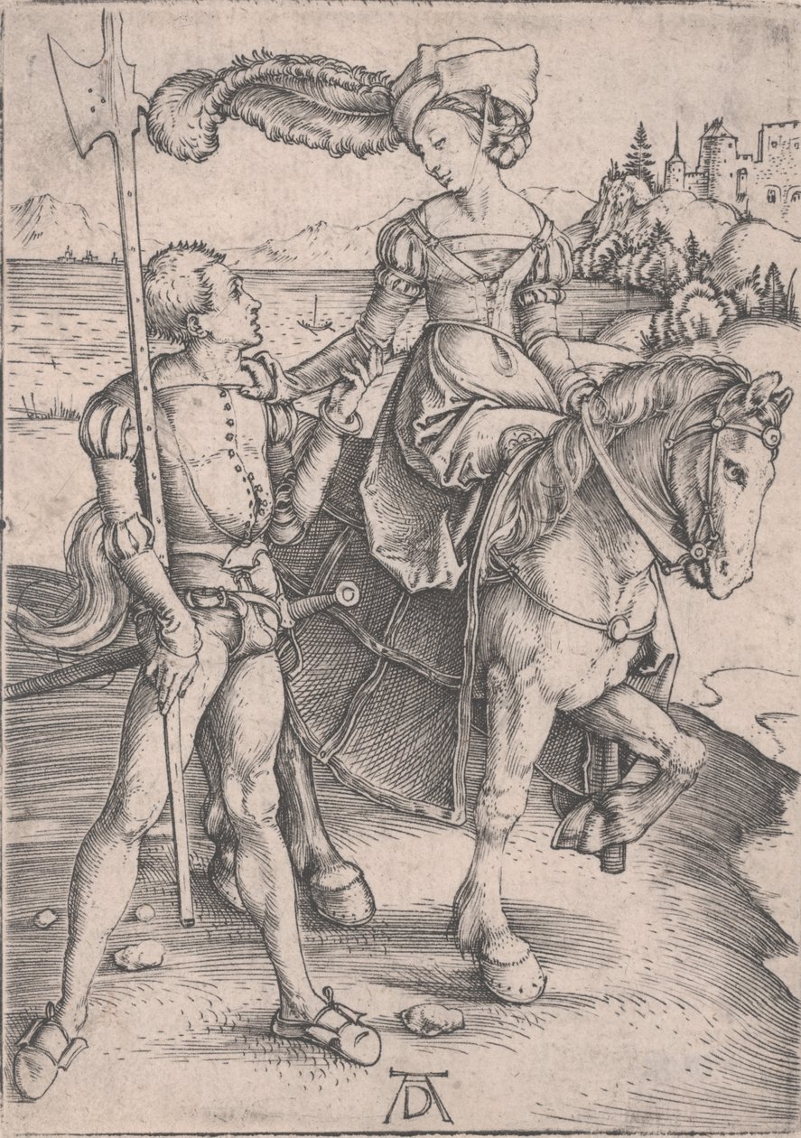 Een dame te paard en een lansquenet door Albrecht Dürer