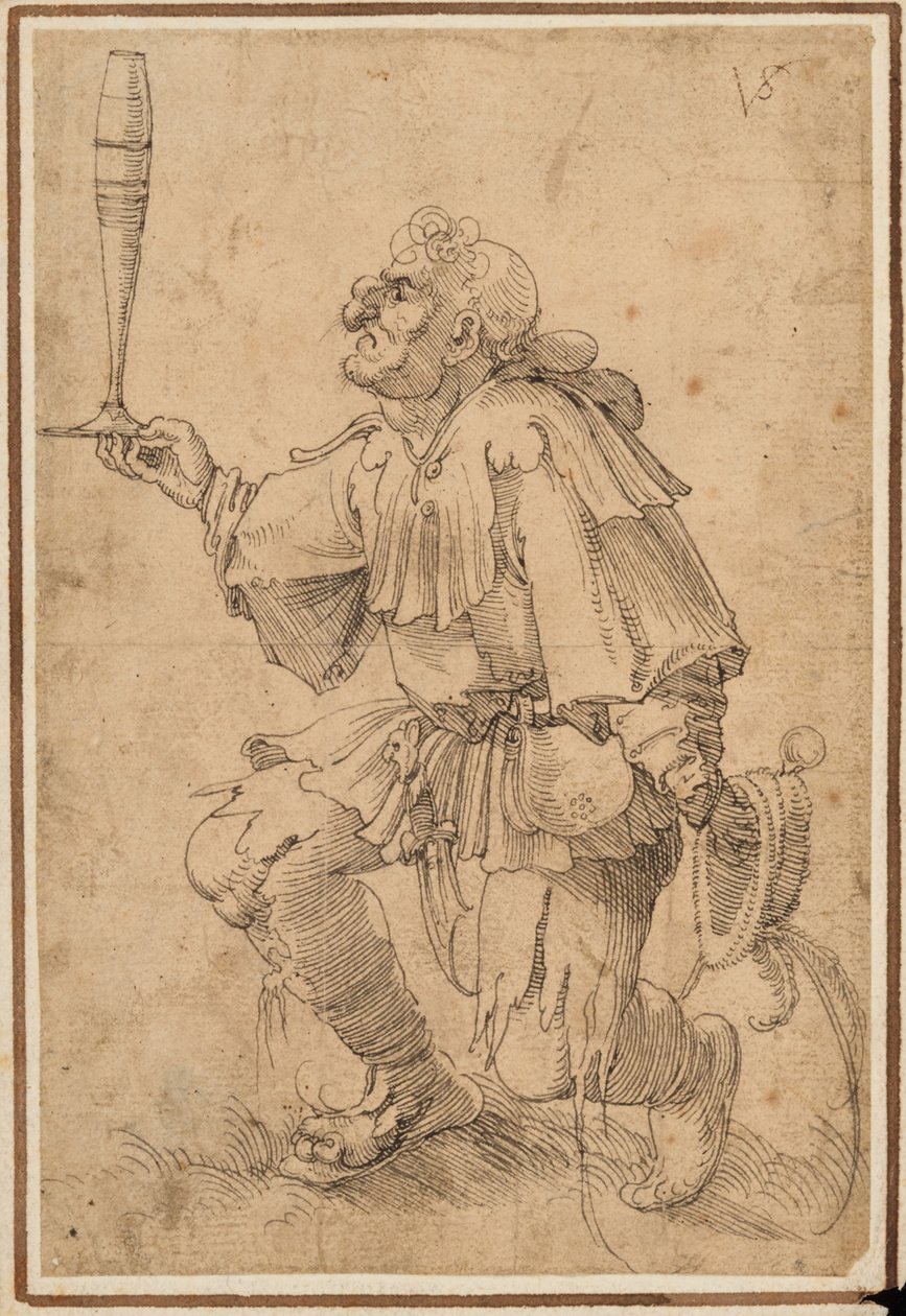 Een groteske man knielend, met een hoog bierglas aan de basis door Albrecht Dürer