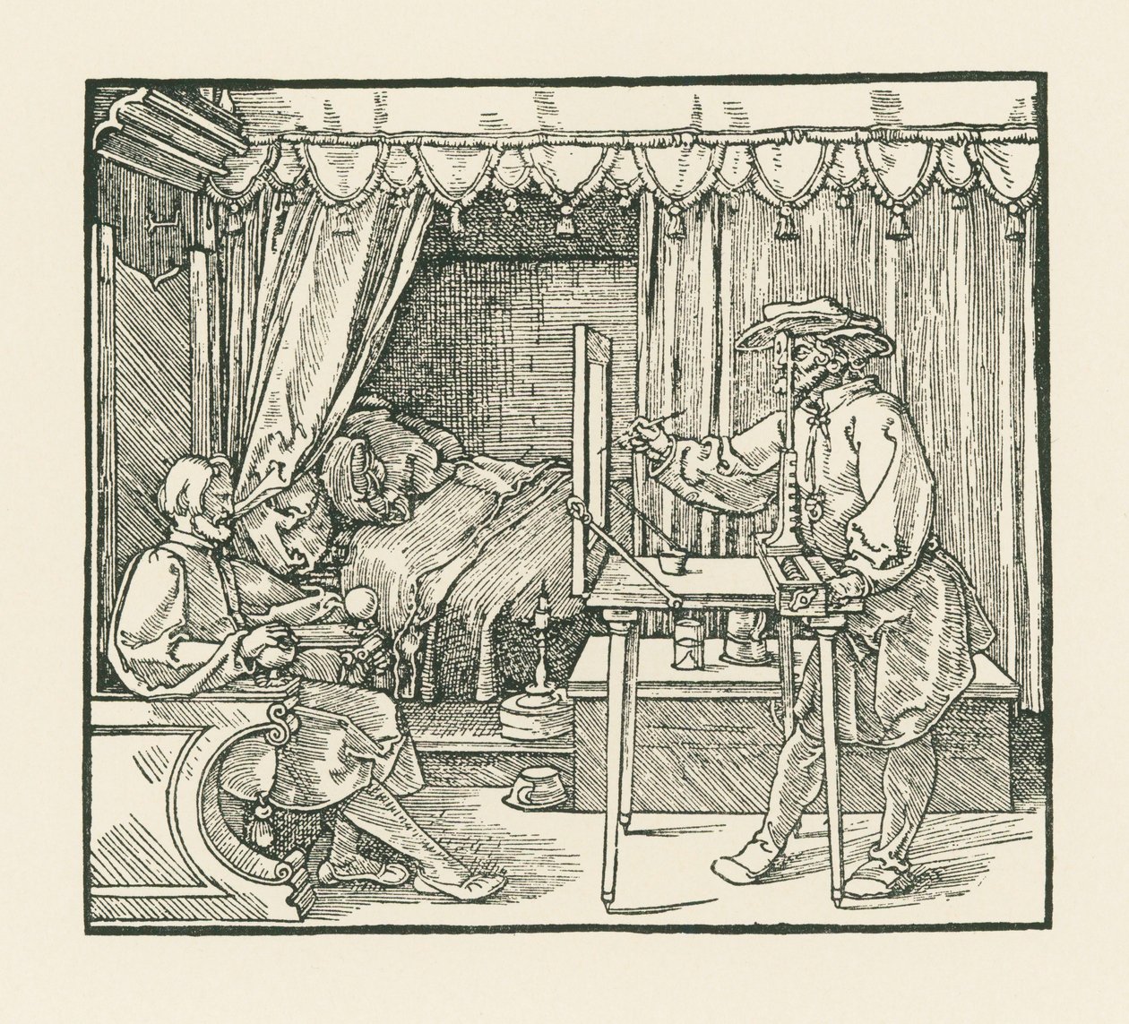 Een kunstenaar tekent een zittende man op een glasplaat door een vizier door Albrecht Dürer or Duerer