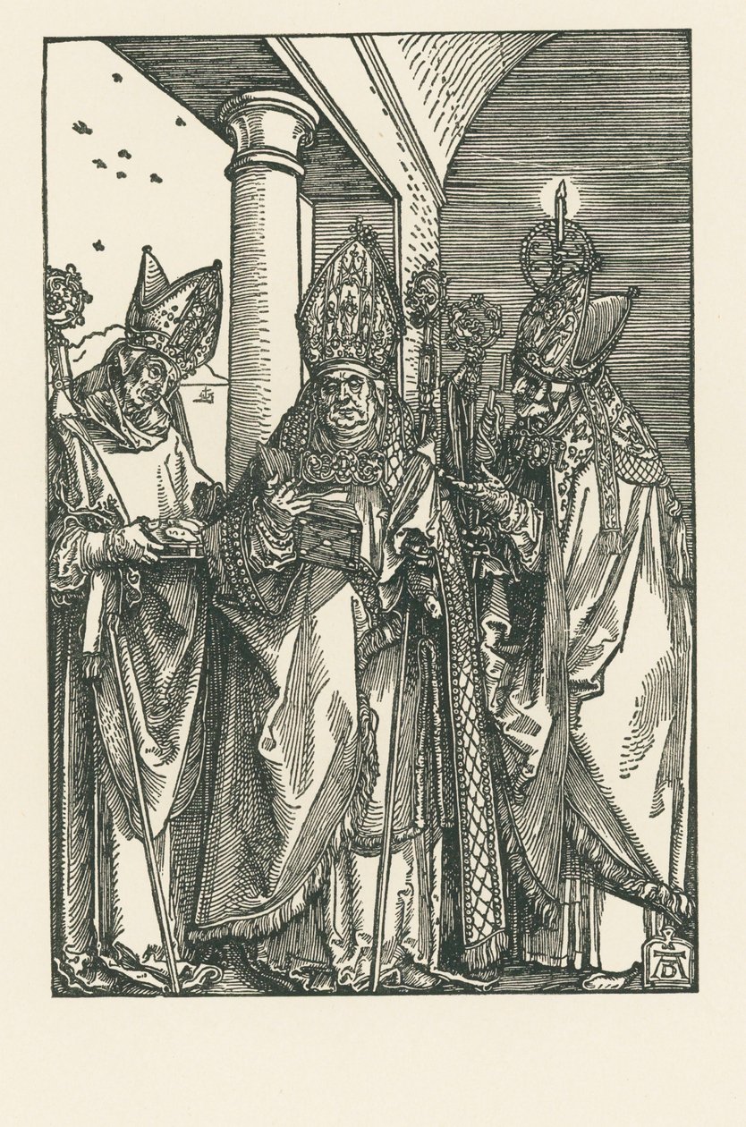 Bisschop Sint Nicolaus, de heiligen Ulrich en Erasmus, ca.1505 (houtsnede) door Albrecht Dürer or Duerer