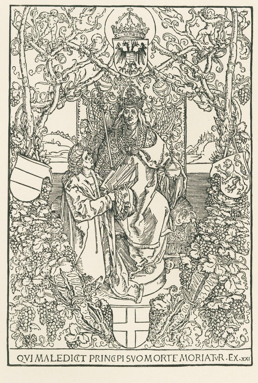 Keltes presenteert zijn werk aan keizer Maximiliaan, gedrukt voor de Sodalitas Celtica, Neurenberg door Albrecht Dürer or Duerer