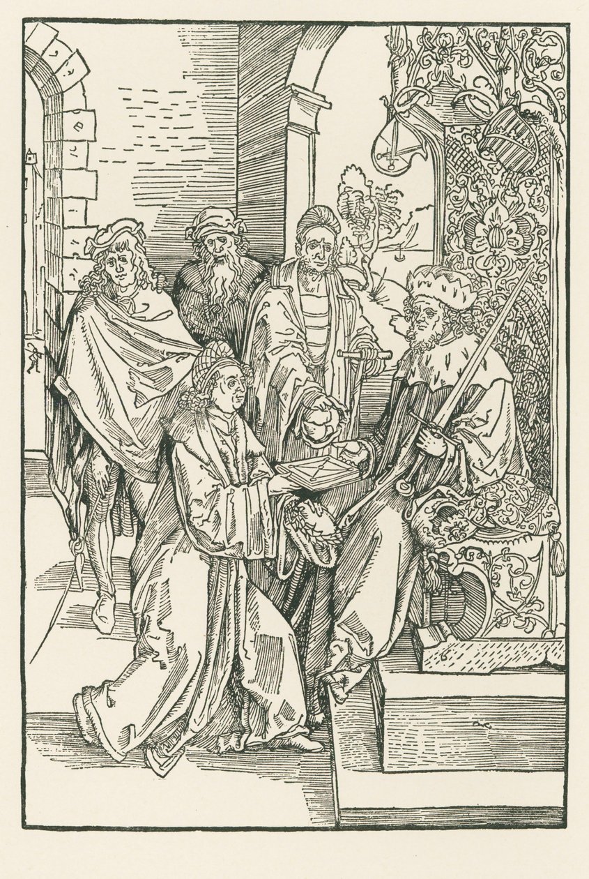 Conrad Keltes overhandigt zijn editie van de Roswitha-komedies aan de keurvorst Frederik van Saksen door Albrecht Dürer or Duerer