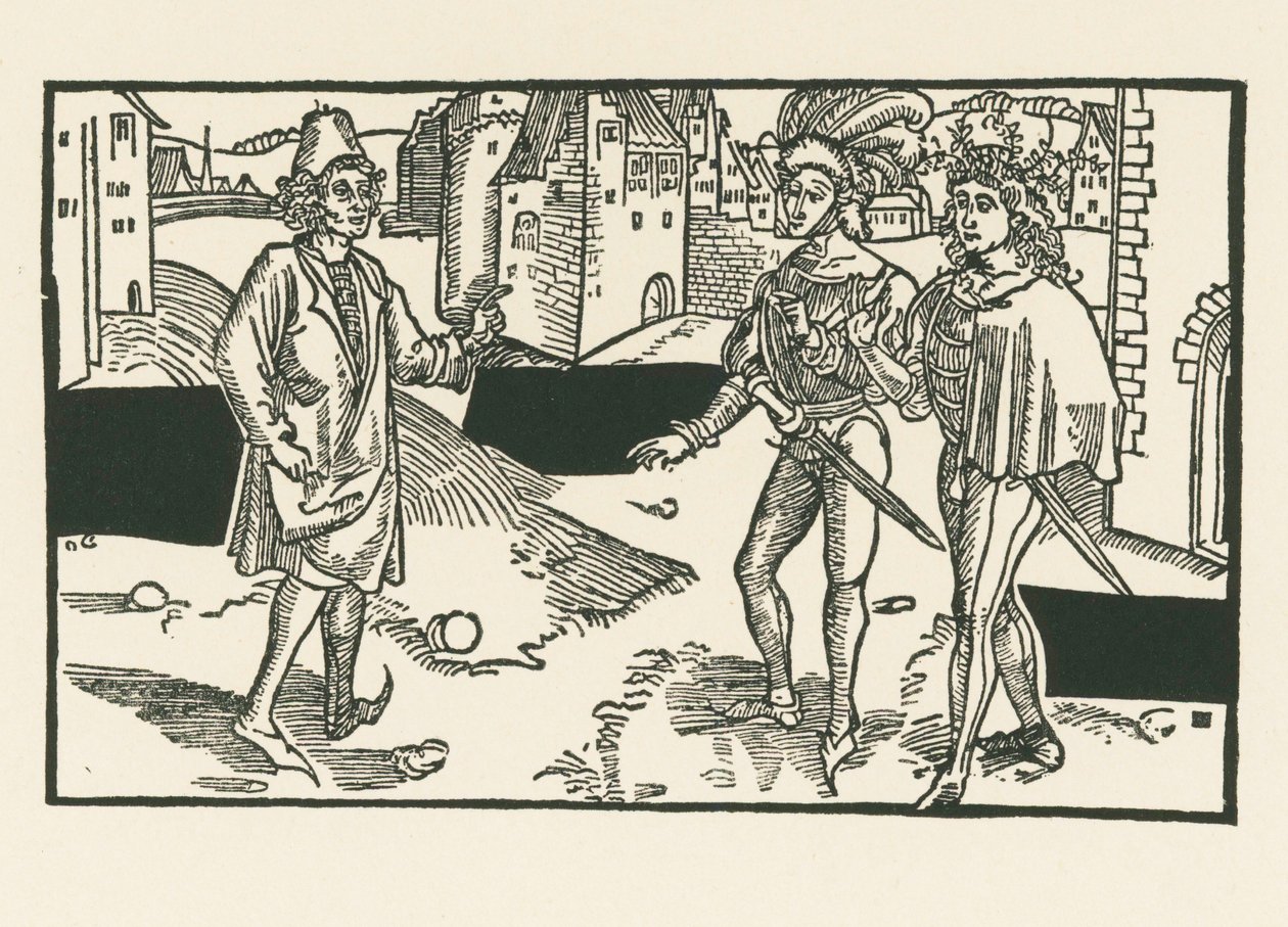 Davus, Pamphilus en Charinus, ca.1492-93 (houtsnede) door Albrecht Dürer or Duerer