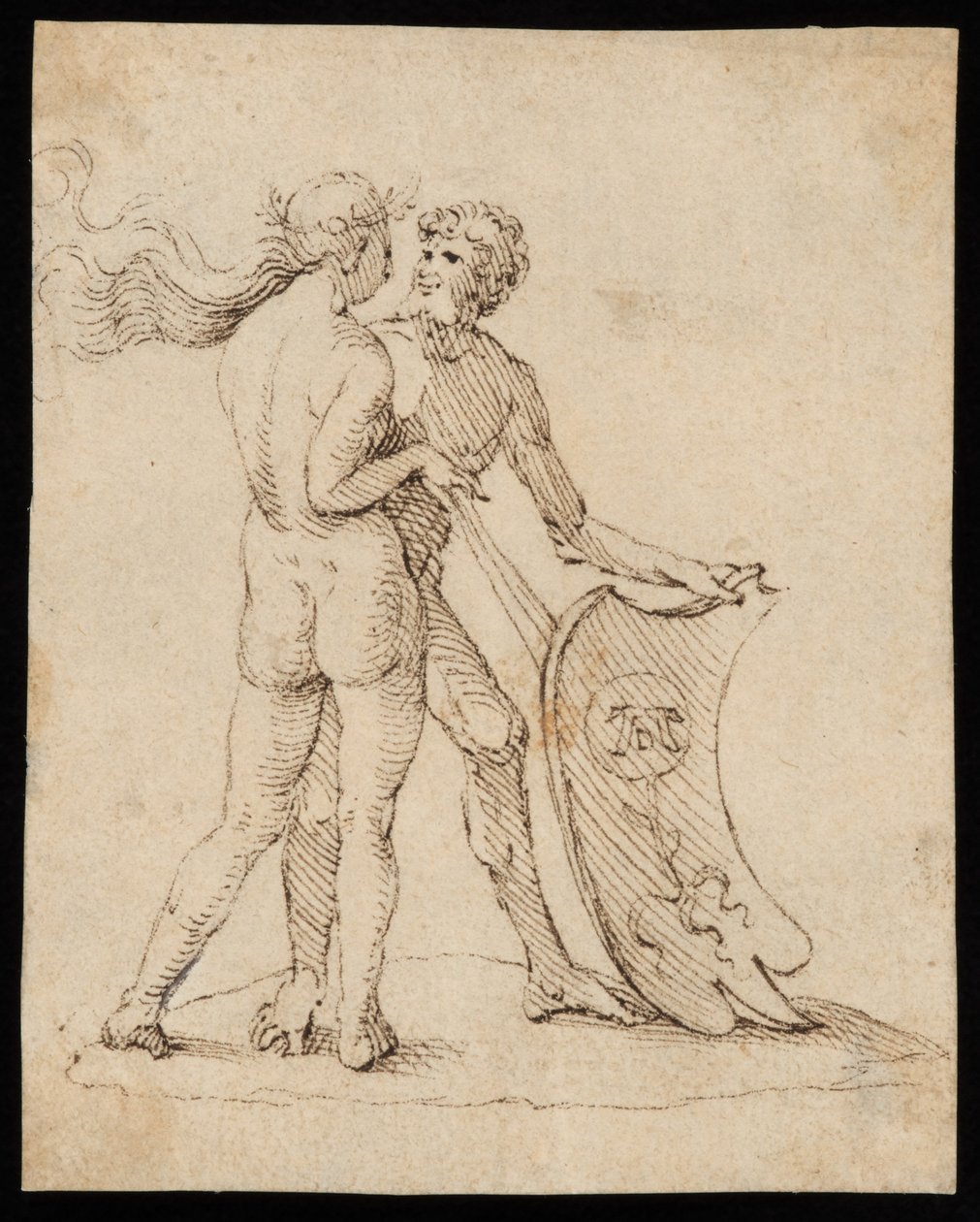 Naakte vrouw en man met het schild met het wapen van Willibald Pirckheimer door Albrecht Dürer