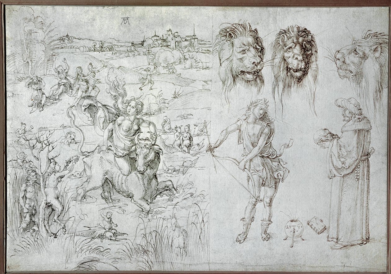 Verkrachting van Europa, leeuwenkoppen, boogschutter, salie, schedel (tekening) door Albrecht Dürer or Duerer