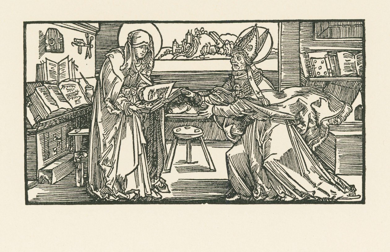 Heilige Birgitta in haar kamer overhandigt haar werk aan een bisschop door Albrecht Dürer or Duerer