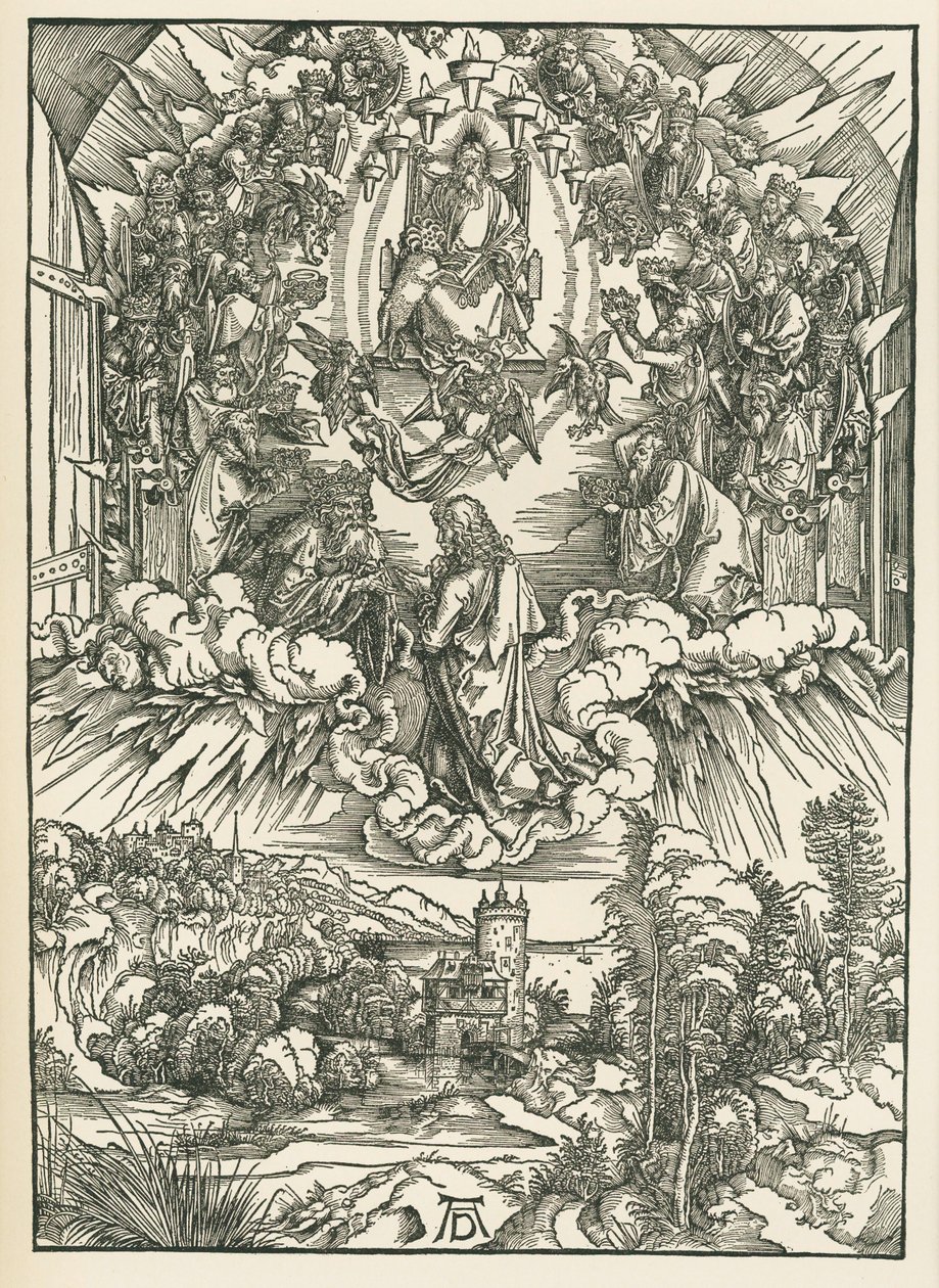 Johannes voor God en de vierentwintig oudsten in de hemel. De Openbaring van Johannes, ca. 1496 (houtsnede) door Albrecht Dürer or Duerer
