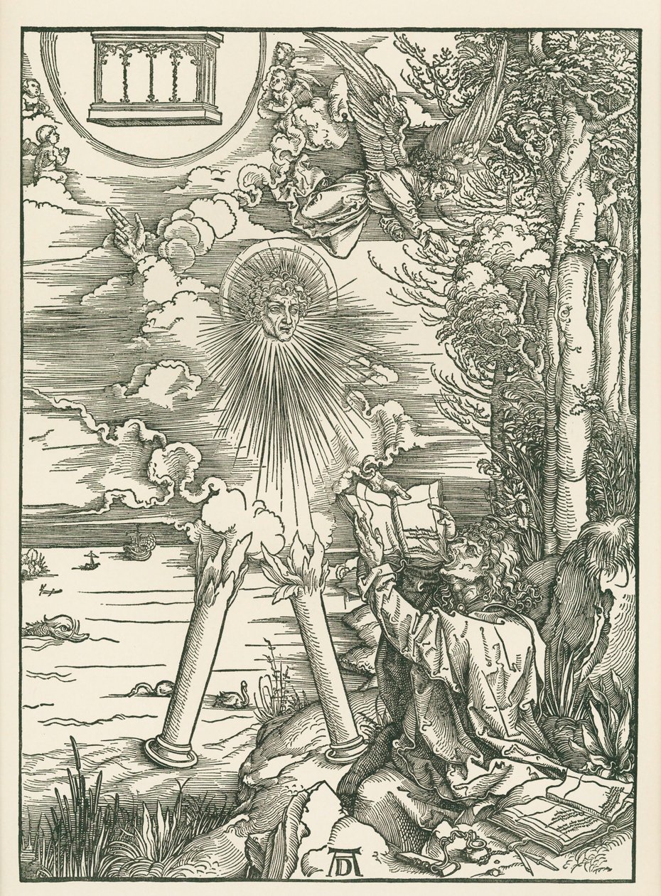 Johannes verslindt het boek dat door de engel wordt aangeboden. De Openbaring van Johannes, c.1498 (houtsnede) door Albrecht Dürer or Duerer