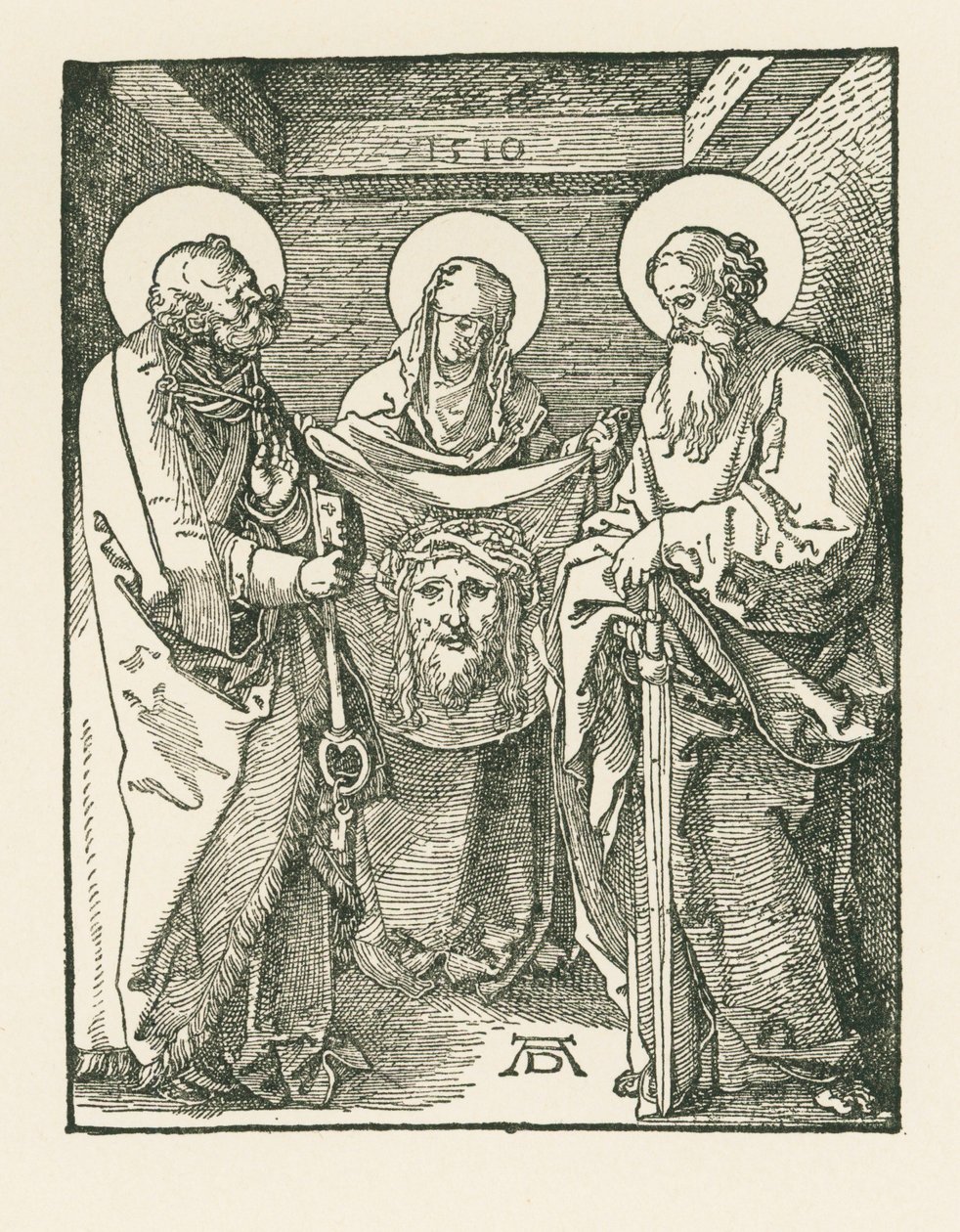 De heilige Veronica tussen de heiligen Petrus en Paulus - Het Sudarium van de heilige Veronica door Albrecht Dürer or Duerer