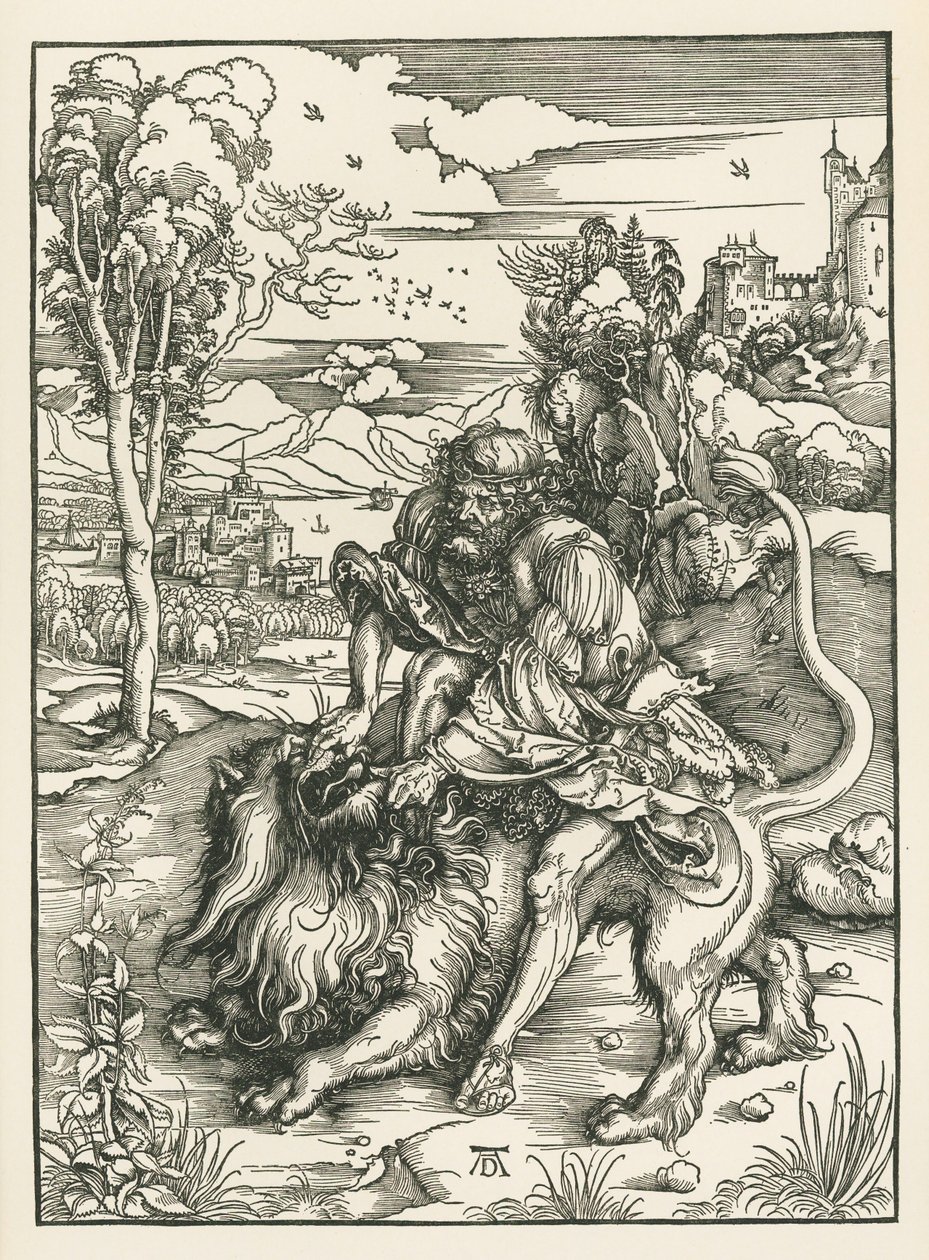 Simson doodt de leeuw, ca. 1497-98 (houtsnede) door Albrecht Dürer or Duerer
