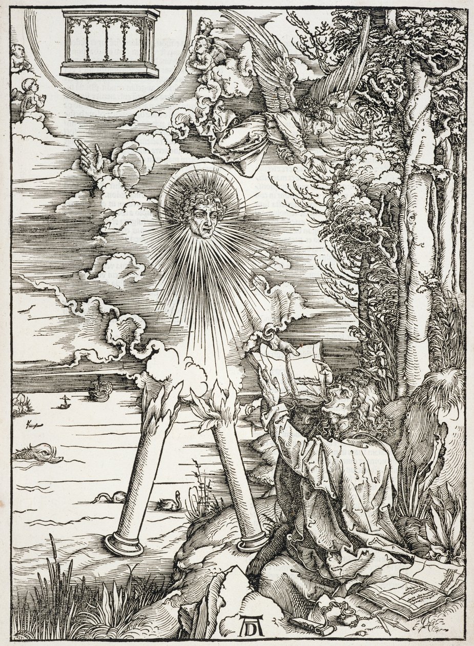 Scène uit de Apocalyps, St. Johannes eet het Boek, Latijnse editie door Albrecht Dürer