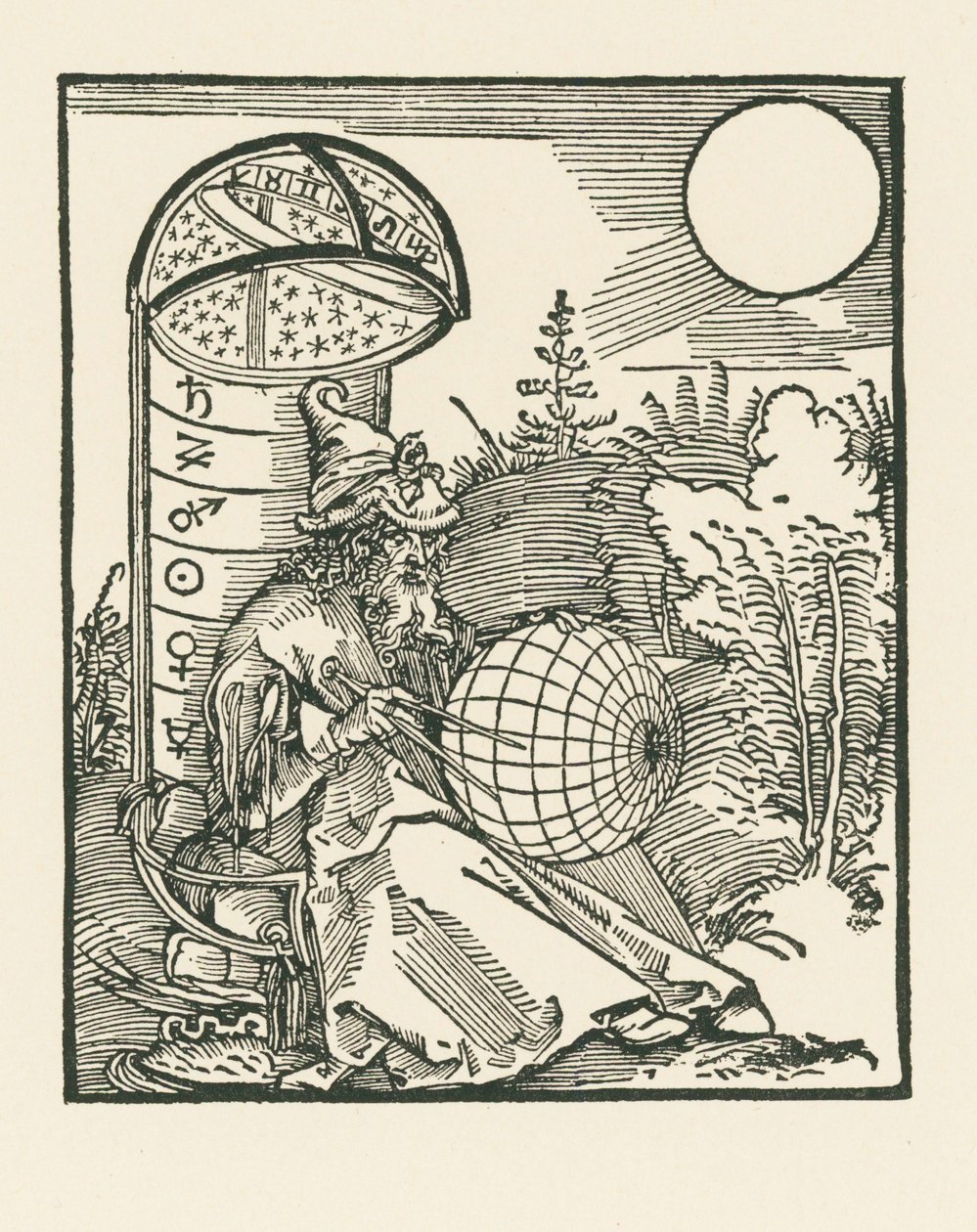 Zittende astronoom met een wereldbol door Albrecht Dürer or Duerer