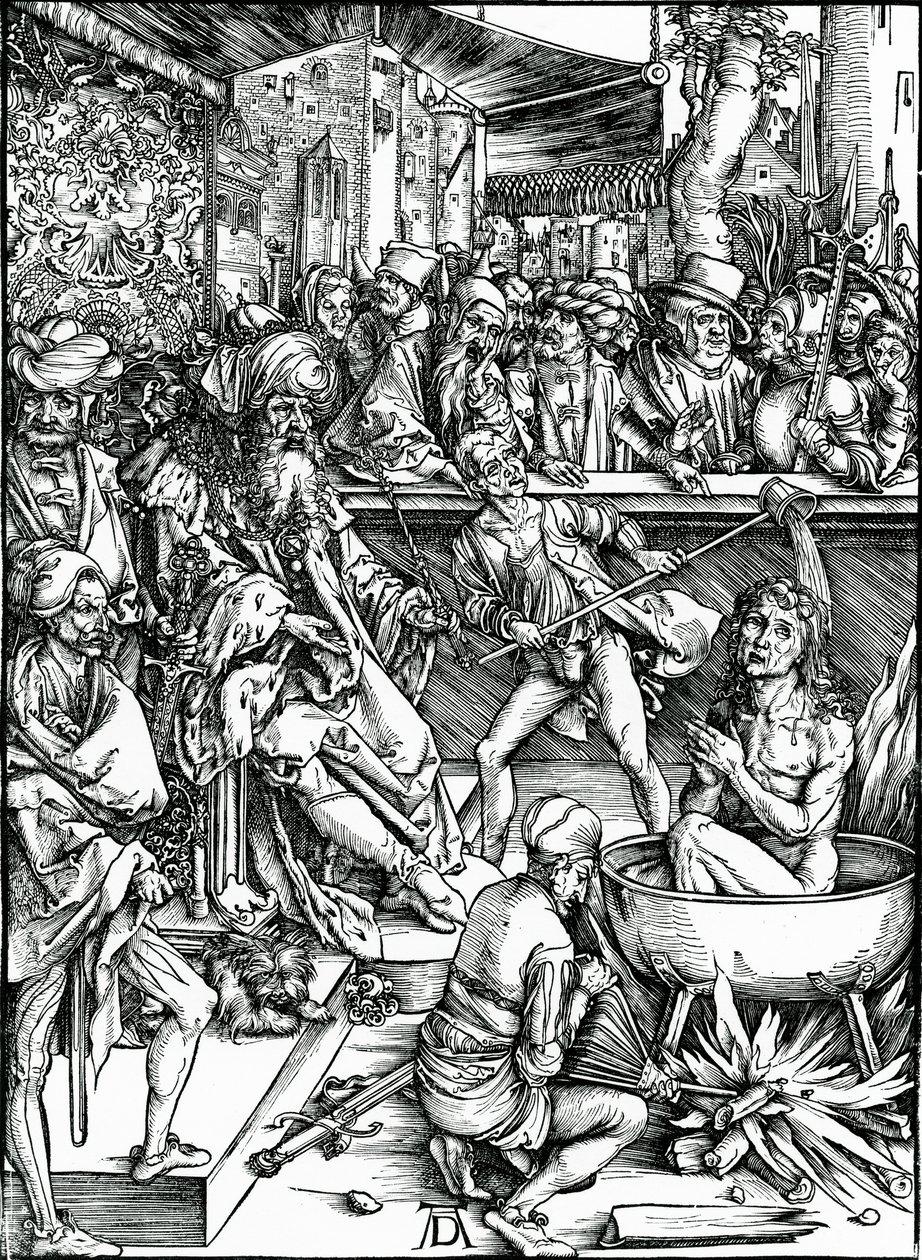 St. Johannes de Evangelist wordt gemarteld in een vat kokende olie, uit de 