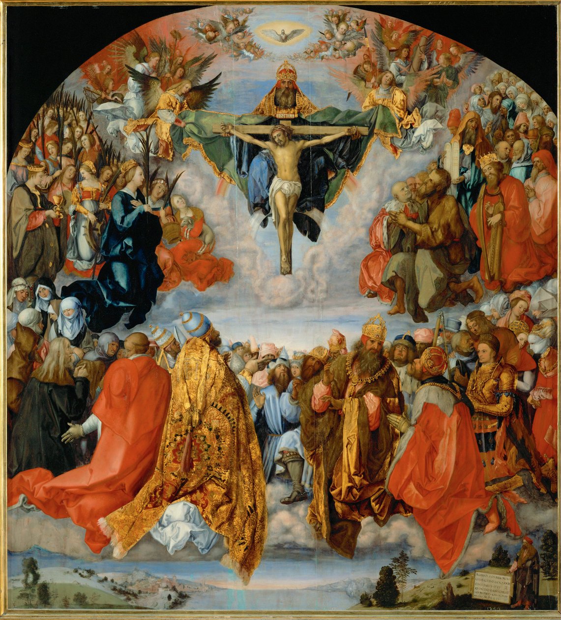De aanbidding van de Drie-eenheid met Duerers zelfportret rechtsonder (olieverf op populierenhout) door Albrecht Dürer or Duerer