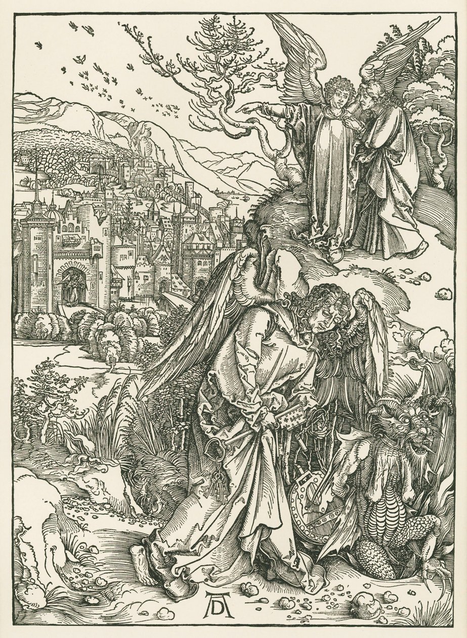 De engel met de sleutel die de draak in de afgrond werpt en een andere engel die de heilige Johannes het nieuwe Jeruzalem toont, ca. 1497-98 (houtsnede) door Albrecht Dürer or Duerer