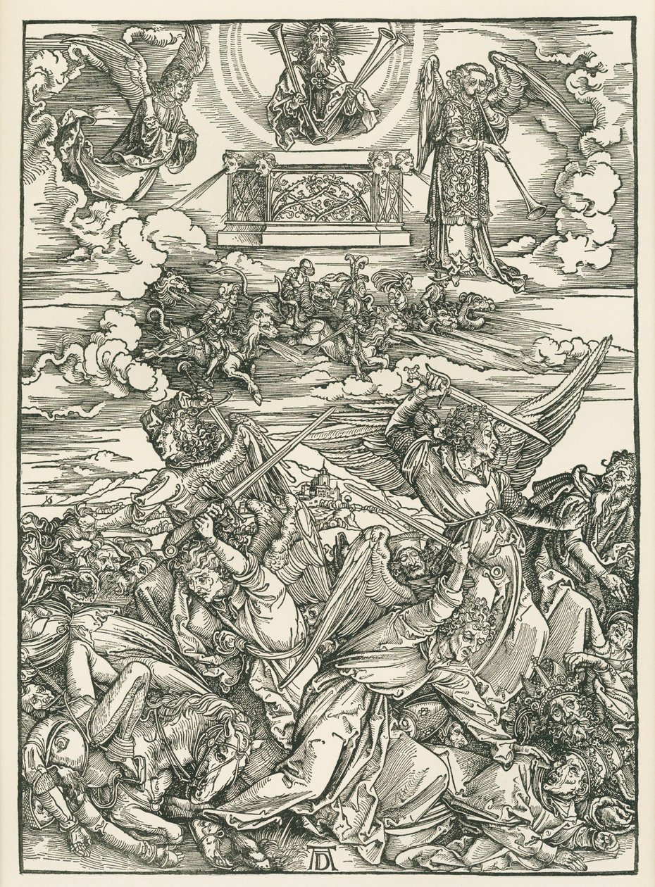 De strijd der engelen. De Openbaring van Johannes, ca. 1496-98 (houtsnede) door Albrecht Dürer or Duerer