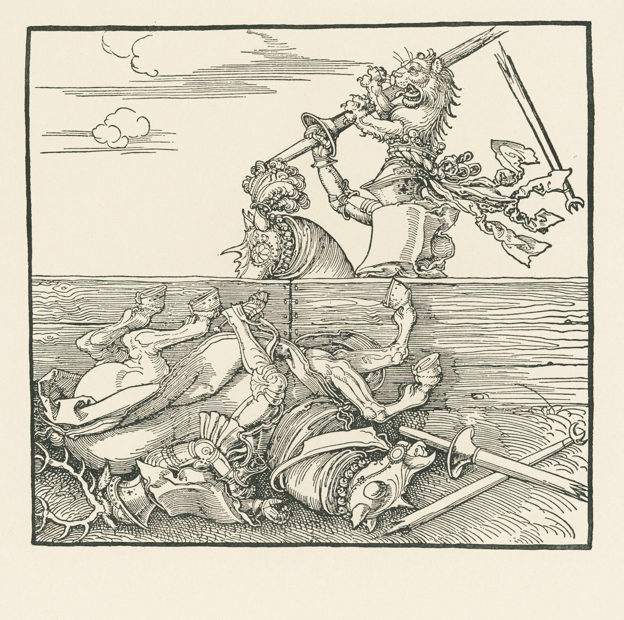 Het buitenlandse toernooi. Maximiliaan heeft zijn tegenstander Jacop de Heri uit het zadel getild, ca. 1517-18 (houtsnede) door Albrecht Dürer or Duerer