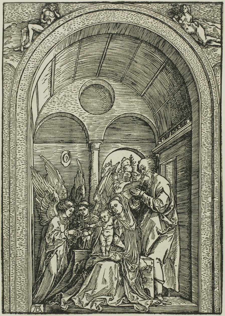 De Heilige Familie met twee engelen in een gewelfde hal door Albrecht Dürer or Duerer