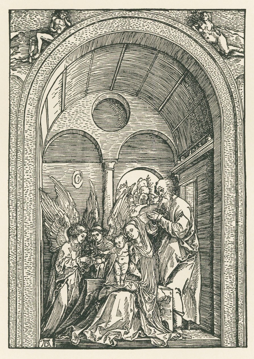 De Heilige Familie met twee engelen in een portiek, c.1503-04 (houtsnede) door Albrecht Dürer or Duerer
