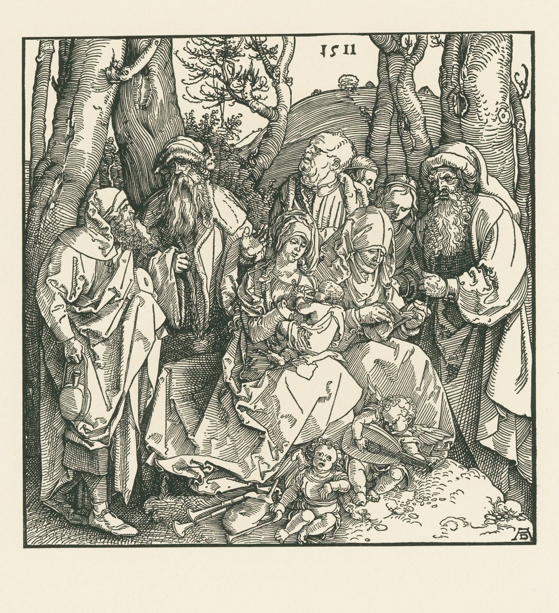 De heilige verwantschap met luitspelende engelen door Albrecht Dürer or Duerer