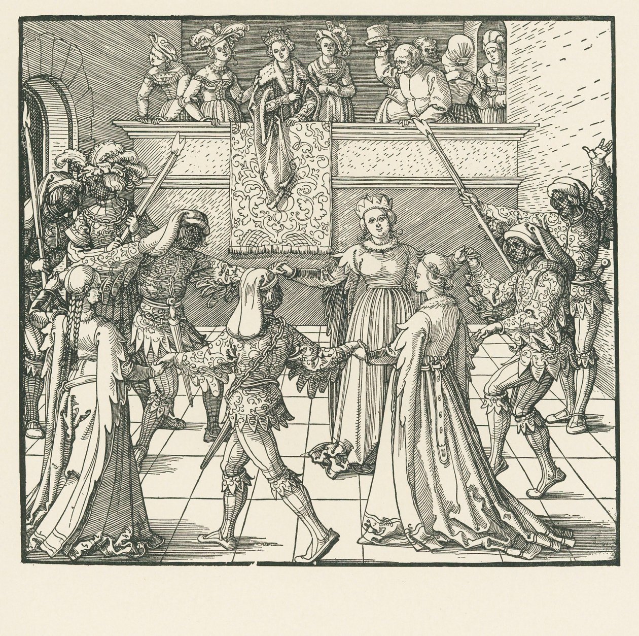 De maskerade (houtsnede) door Albrecht Dürer or Duerer
